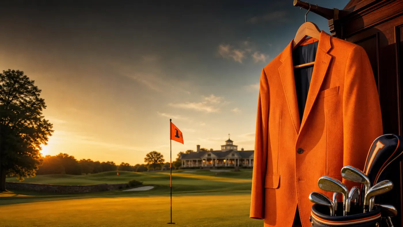 Orange golf jacket overlooking a tournament green